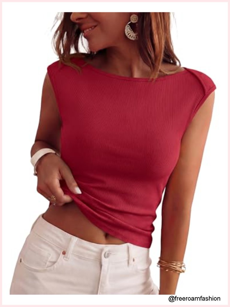 Cap Sleeve Boat Neck Ribbed Knit Slim Fit Tank Top